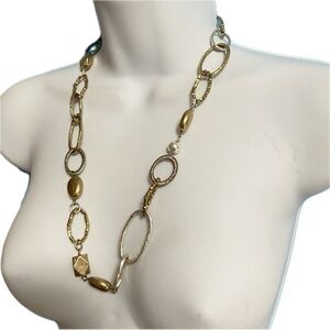 SIGRID OLSEN Gold Siver Textured Links & Beads Toggle Clasp Necklace